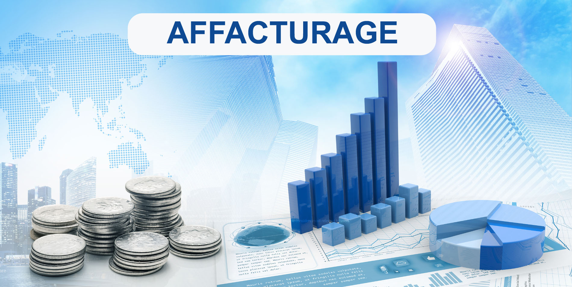 Affacturage : graphiques financiers et pièces, skyline d'entreprises