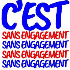 Texte Sans engagement répété en rouge et bleu